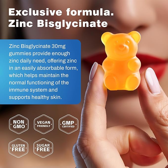 Zinc Glycinate 30 mg Gummies Chewable Zinc Supplement for Women &amp Men with Vitamin C D3 &amp B6 Quercetin Immune System Support Skin Health &amp Antioxidant Natural Fruit Flavor 60 Ct
