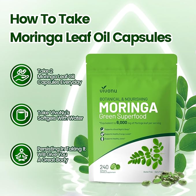 VivoNu Pure Moringa Capsules Moringa Leaf Extracts 120 Day Supply 30:1 Ultra-Concentrated Liposomal Tech 98% Absorption Complete Green Superfood for Energy Skin Immune &amp Gut Health