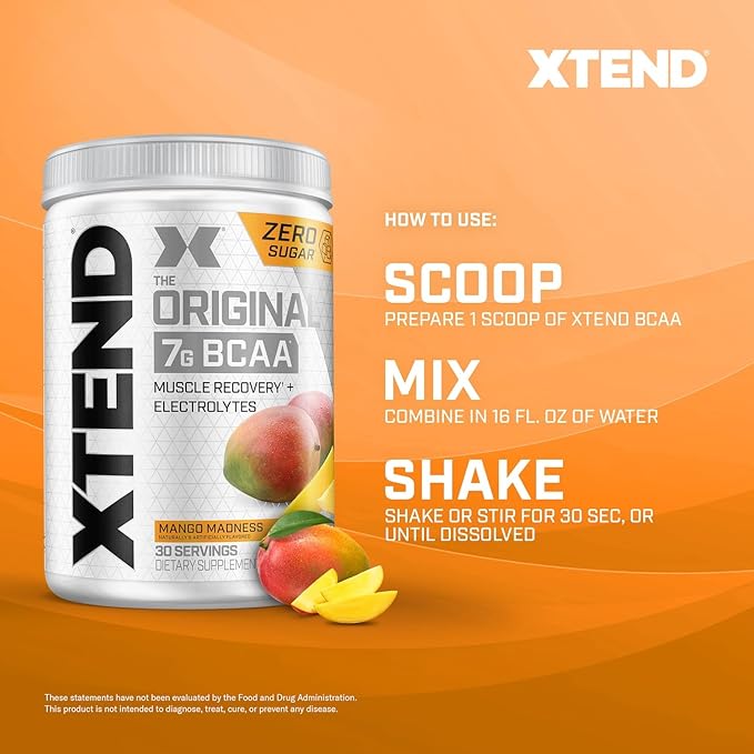 Xtend Original BCAA Powder 7g BCAAs and 2.5g L-Glutamine for Muscle Recovery Hydration and Lean Muscle Sugar Free Intra and Post Workout Drink with Electrolytes Mango Madness 30 Servings