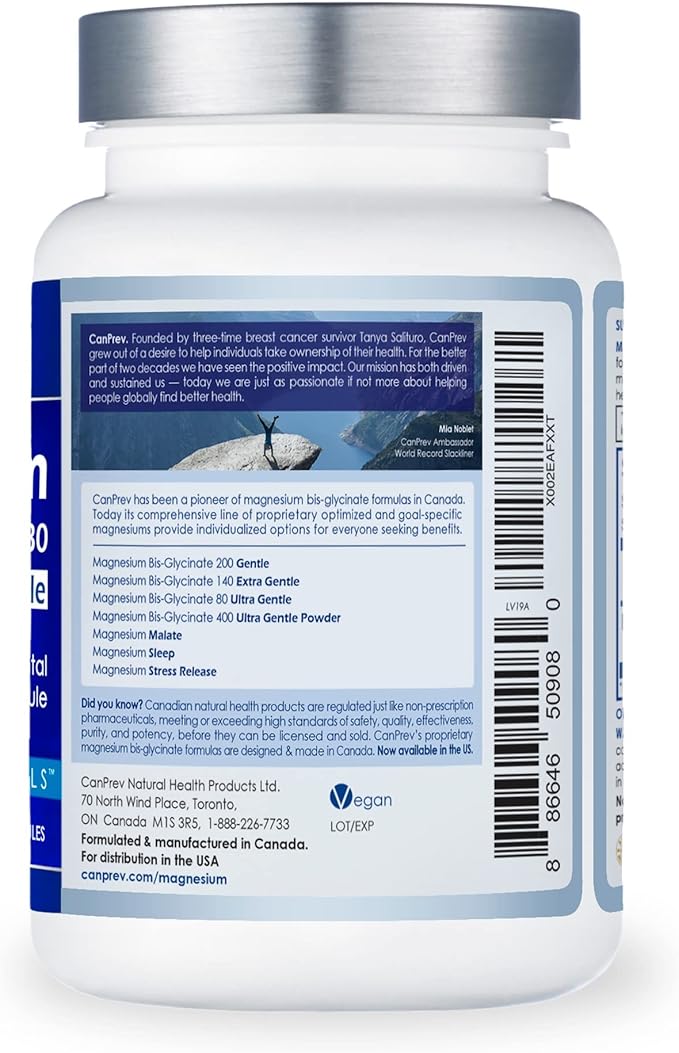 CanPrev Magnesium Biglycinate Chelated 80mg Ultra Gentle 120 V-Caps 120-Day Supply - Support Muscle Function Bone Strength &amp Relaxation Pure Magnesium Bisglycinate Formula Promote Comfort &amp