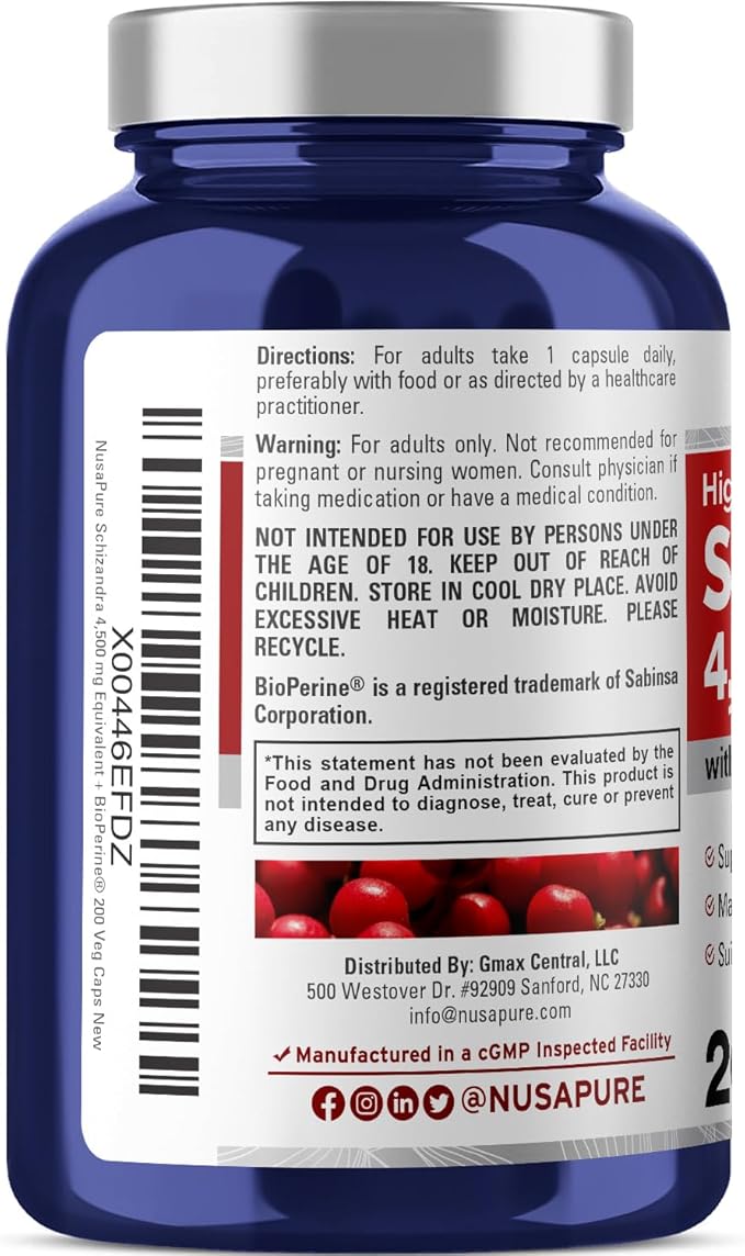 NusaPure Schizandra Berries 20:1 Extract 225 mg Equivalent to 4500mg 200 Vegan Capsules (Non-GMO Bioperine)