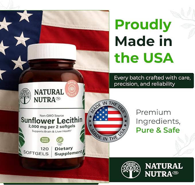 Natural Nutra Sunflower Lecithin 2000 mg Supplement Supports Breastfeeding Moms with Plugged Milk Duct Relief Liver &amp Brain Health Booster Soy Free Non-GMO Gluten-Free 120 Softgel