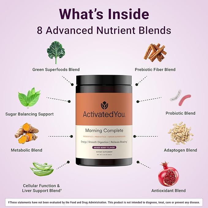 ActivatedYou Morning Complete Super Greens Powder Drink Mix - Gut Health Boost with Prebiotics Probiotics &amp Antioxidants - 10 Billion CFUs Mixed Berry Flavor Greens Superfood Powder - 30 Day Su