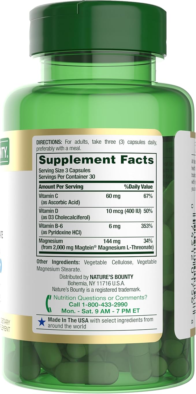 Nature’s Bounty Magnesium L-Threonate – Advanced Magnesium Supplement with Vitamin C Vitamin D3 and Vitamin B6 – Supports Brain Health Energy Nerve &amp Immune Support Supplement – 90 Capsules