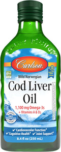 Carlson - Cod Liver Oil 1100 mg Omega-3s Plus Vitamins A &amp D3 - Wild Caught EPA DHA Omega 3 Supplement - Norwegian Arctic Sustainably Sourced Nordic Fish Oil Liquid Unflavored 250 mL (8.4 Fl Oz