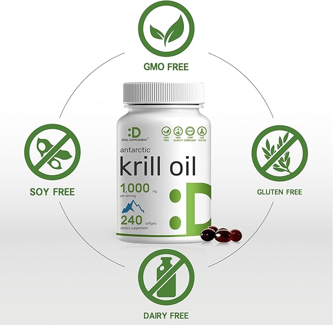 DEAL SUPPLEMENT Antarctic Krill Oil 1000mg Per Serving 240 Softgels – Mercury Free No Fishy Taste – Rich in Omega-3s EPA DHA Astaxanthin &amp Phospholipids – Non-GMO No Gluten