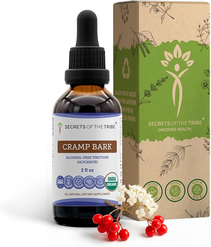 Secrets of the Tribe Cramp Bark USDA Organic | Alcohol-Free Extract High-Potency Herbal Drops | Made from 100% Certified Organic Cramp Bark (Viburnum Opulus) Dried Bark 2 OZ