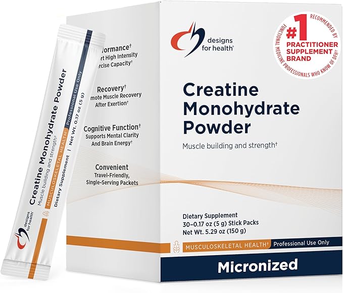 Designs for Health Creatine Monohydrate Powder Unflavored Micronized Creatine Powder for Women &amp Men to Support Muscle Strength Exercise + Brain Health Pure Creatine Monohydrate 5g (30 Stick Pa