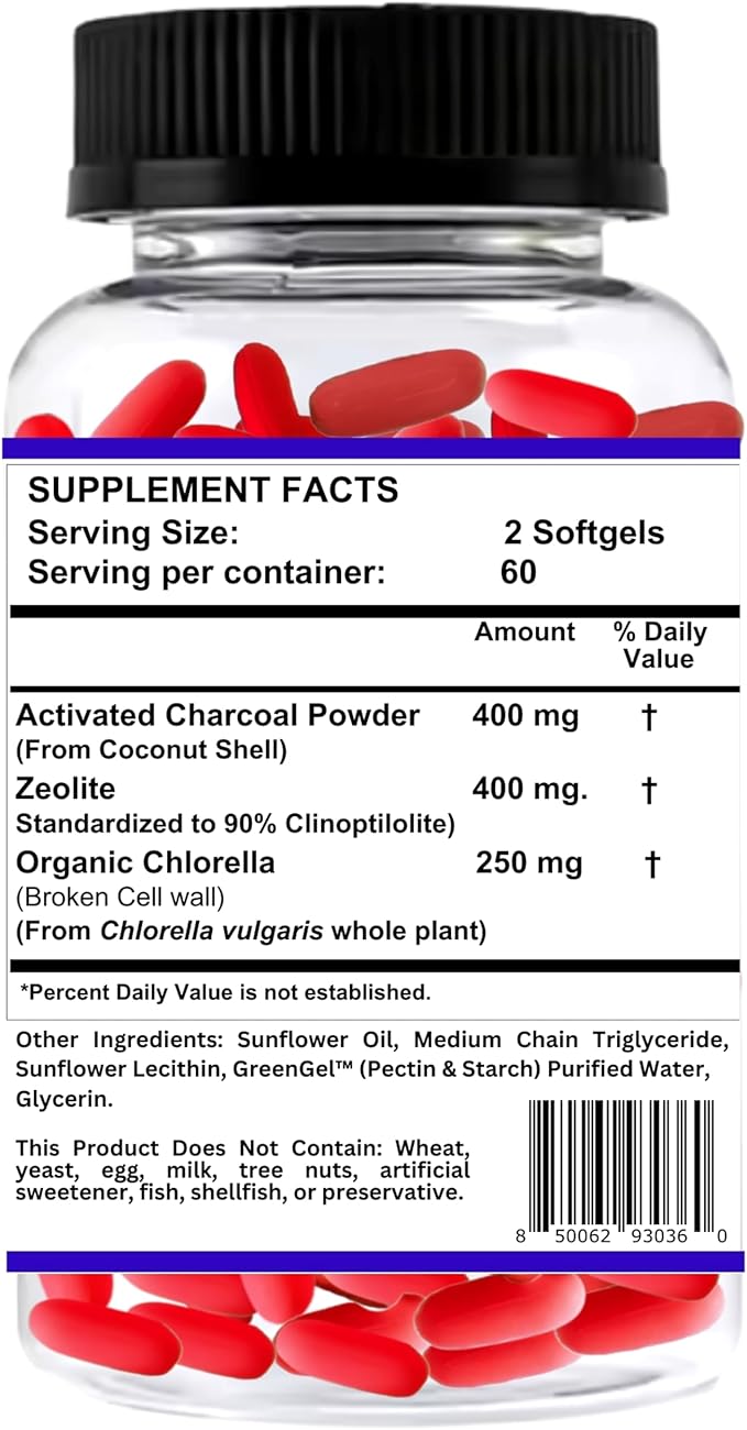 Nikoni Liposomal Zeolite Activated Charcoal &amp Organic Chlorella Supports Full Body Detox - 120 Vegan Softgels