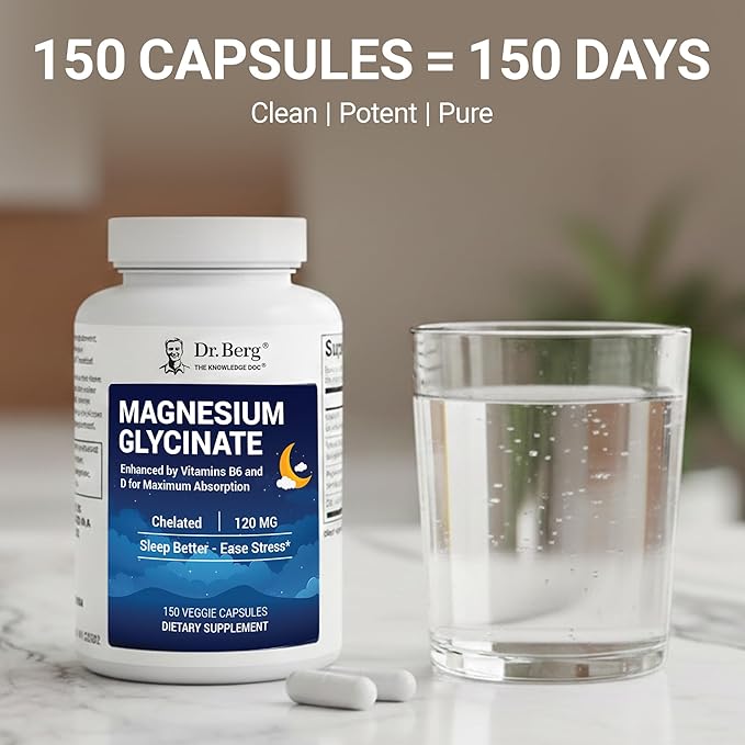 Dr. Berg Magnesium Glycinate 150ct – 4-in-1 Chelated for Muscle Nerve Sleep &amp Stress Support*– w/ D3 B6 &amp Zinc – 4X Lab-Tested – No Fillers – Formulated in USA GMP-Certified