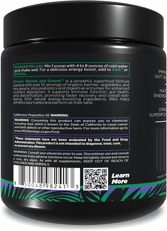 Driven B&ampG Berries &amp Greens Superfood Powder 30 Servings - Organic Plant-Based Formula with Probiotics &amp Digestive Enzymes -Supports Recovery Healthy Digestion and Immune Function