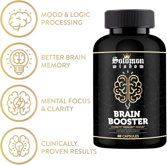 SOLOMON WISDOM Brain Booster – Nootropic Dietary Supplement for Memory Boost – 60 All-Natural Capsules to Enhance Focus &amp Improve Concentration &amp Clarity