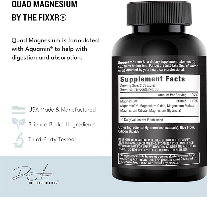 Quad Magnesium by Dr. Amie | 4 Forms of Magnesium 500 mg per Serving | Formulated with Aquamin to Help with Digestion and Absorption | 30 Day Supply 60 Capsules