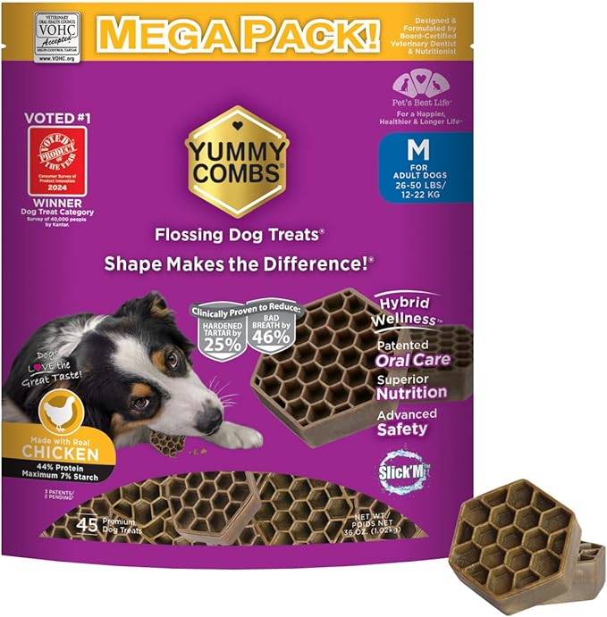 Yummy Combs Dog Dental Treats – Vet VOHC Approved – Delicious Chicken Protein – Removes Tartar with Cleaning Comb Shape – Dental Dog Treats for Medium Dogs (36oz 45 Count)