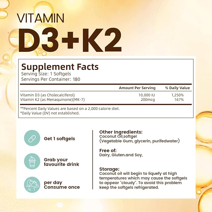 VivoNu Vitamin D3 K2 10000 IU with MK7-300 Virgin Coconut Oil Softgels 2 in 1 Vitamins D &amp K Complex | Vitamina D3 con K2 ((180 capsules/1Bag))