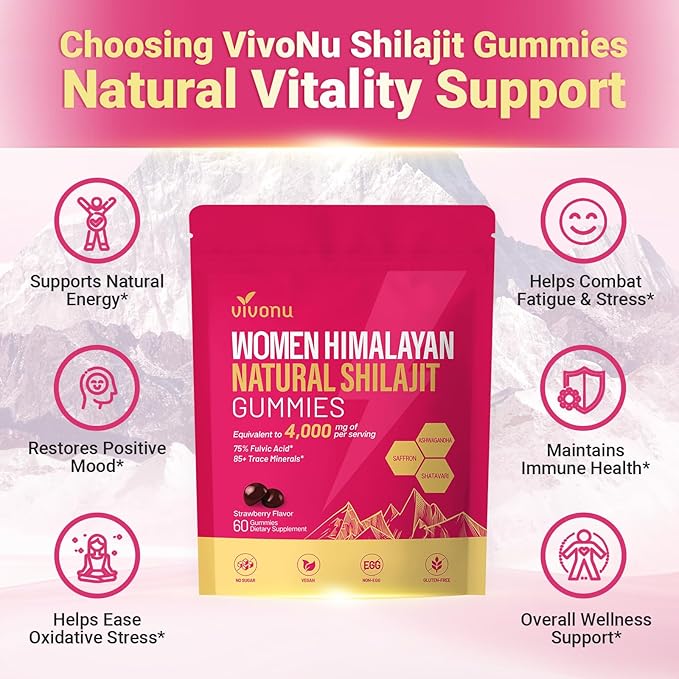VivoNu Himalayan* Shilajit* Gummies with Ashwagandha* &amp Gokshura | 85+ Trace Minerals &amp Fulvic Acid | Organic Micronutrient Supplement for Men &amp Women (Women 4000mg / 2 Bag)