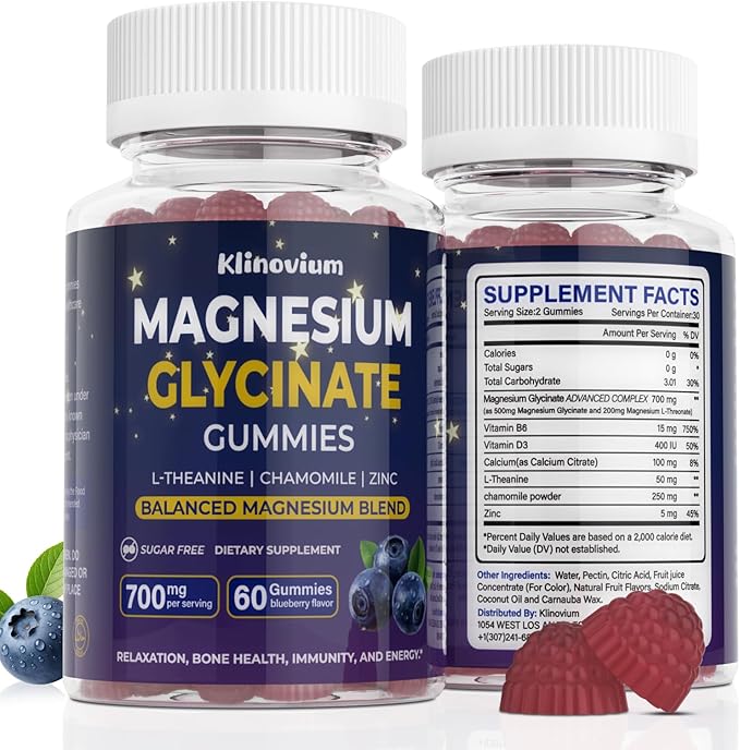 700mg Magnesium Glycinate Gummies Highly Absorbed Sugar-Free Calm Magnesium Complex Gummies - with L-Theanine and B6 - Magnesium Supplements for Sleep CalmRelax &amp Immune Function (Blueberry)