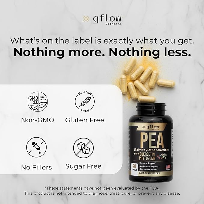 gflow vitamins Pea Supplement with Quercetin Phytosome 1000 mg | Micronized Pea (Palmitoylethanolamide) 99% Highly Purified | Discomfort Relief Supplement in Capsules Made in The USA