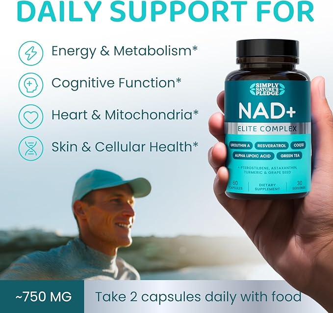 NAD+ Elite Complex – Direct NAD+ 300 mg with Urolithin A Resveratrol CoQ10 &amp Antioxidant Blend – Cellular Energy Mitochondrial Support &amp Healthy Aging – Vegan Non-GMO 60 Capsules (30 Serv