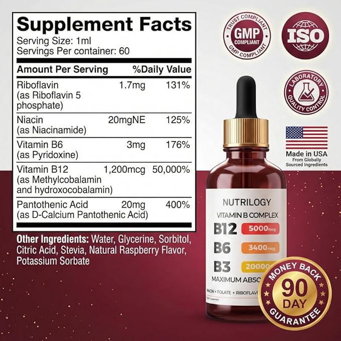 Vitamin B Complex for Men &amp Women - Riboflavin B2 B3 B5 B6 B12 | B-Complex Supplement - Nerve Pain Energy Brain &amp Heart Support - Made in USA 60 Servings
