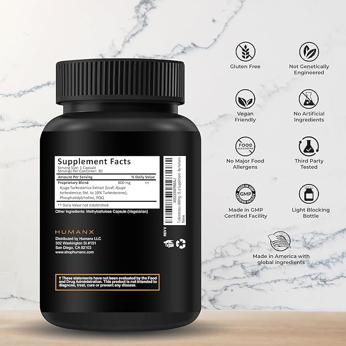HUMANX Turkesterone+ 800mg - USA Third Party Tested (Similar to Ecdysterone) for Muscular Development &amp Dynamic Athletic Performance - Natural Anabolic - Non GMO Vegan - Turkesterone Supplement