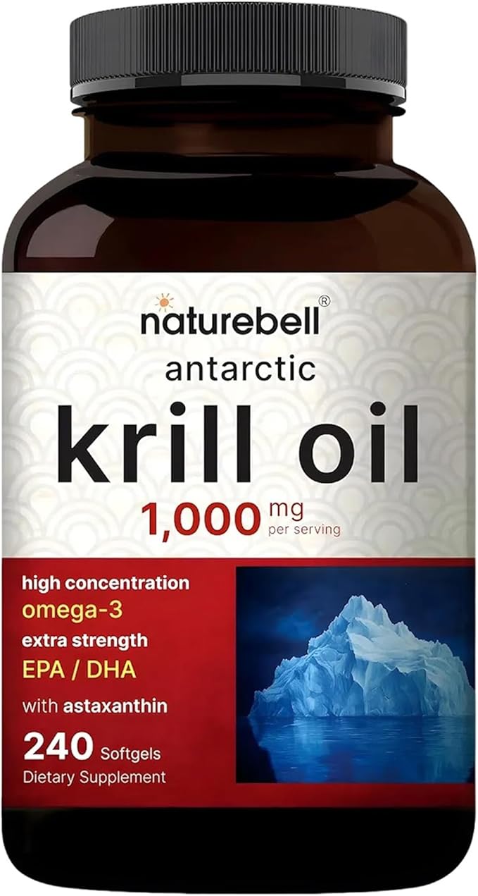 NatureBell Antarctic Krill Oil 1000mg - 240 Softgels - Omega-3 Heart Joint &amp Immune Health Support* - High EPA DHA with Astaxanthin - Non-GMO &amp Gluten-Free