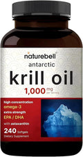 NatureBell Antarctic Krill Oil 1000mg - 240 Softgels - Omega-3 Heart Joint &amp Immune Health Support* - High EPA DHA with Astaxanthin - Non-GMO &amp Gluten-Free