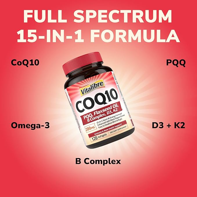 CoQ10 200mg Ubiquinone with PQQ Folate Niacin K2 D3 Black Pepper High Absorption Powerful Antioxidant Energy Booster Immune &amp Bone Support 120 Easy to Swallow Softgels