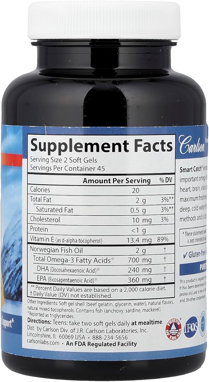 Carlson Labs Smart Catch Fish Oil for Teens 1000mg 90 Softgels