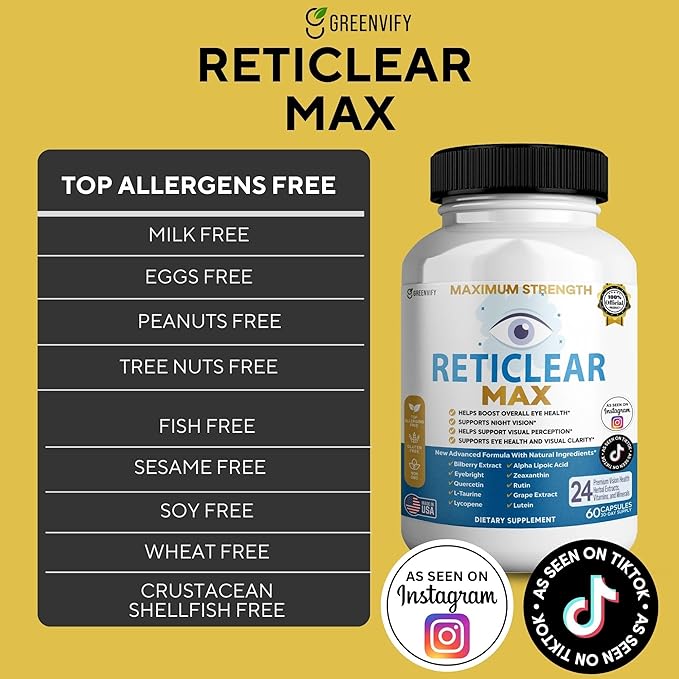Reticlear Max Eye Health Supplement 60 Capsules Vision Support with 24 Natural Ingredients 30 Day Supply (3)