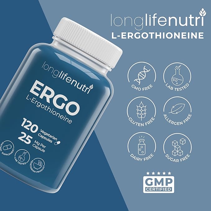 L-Ergothioneine 25mg - 120 Vegetarian Capsules 4-Month Supply Antioxidant Supplement for Wellness Routine GMP Certified Made in USA