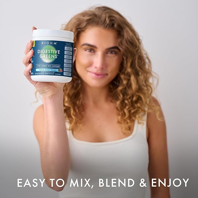 BIOHM Women's Probiotics 30B CFU &amp Super Greens/Kids Berry Blast Bundle: Gut &amp Overall Health Support 9 Strains 30-Day Supply Rich in Antioxidants