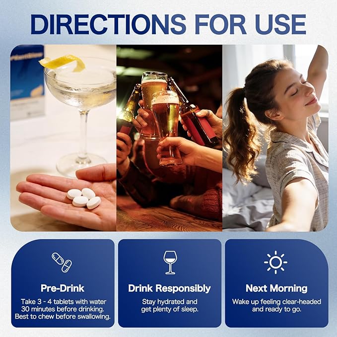 Pre-Drinking Hangover Support Supplement – Feel Better After Drinking – Pre-Party Alcohol Support Pills for Faster Morning Recovery – Probiotic-Powered Formula – 16 Chewable Tablets (12 + 4 Bonus)