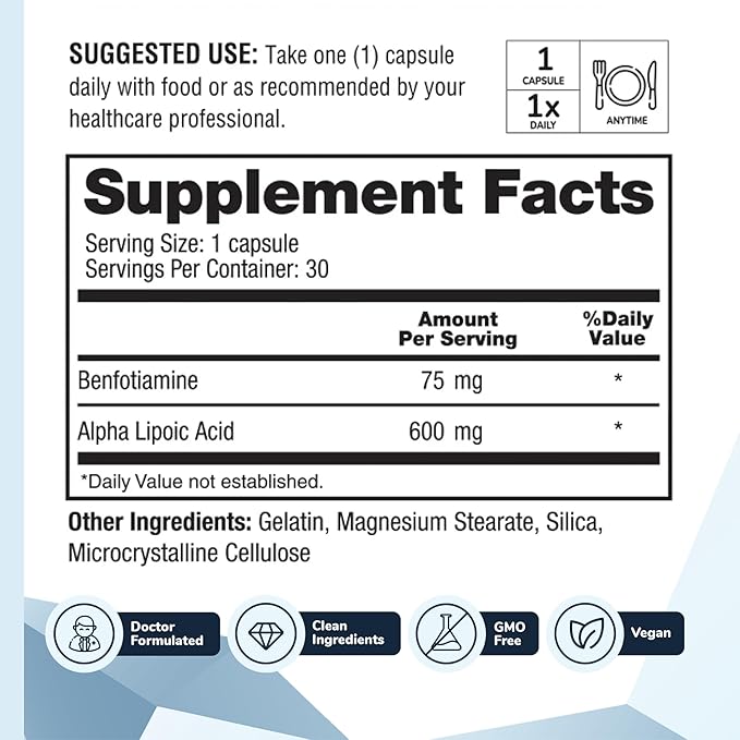 Nervala - Alpha Lipoic Acid 600mg - ALA Supplement Antioxidant for Nerve Energy &amp Circulation Support- Extra Strength with Benfotiamine - Made in USA Lab Tested - 30 Capsules 1 Month Supply