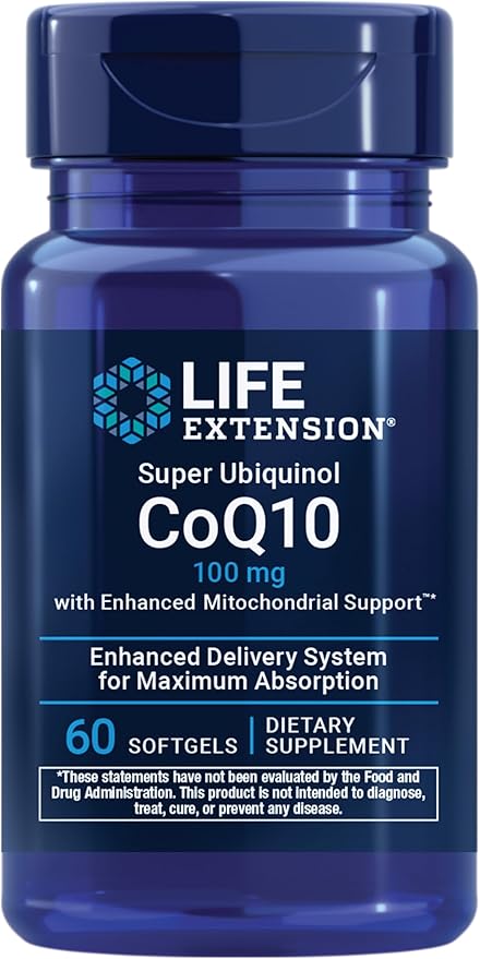 Life Extension Super Ubiquinol CoQ10 with Enhanced Mitochondrial Support Potent Heart Health &amp Cellular Energy Production Support Ultra-absorbable Gluten-Free Non-GMO 100 mg 60 softgels