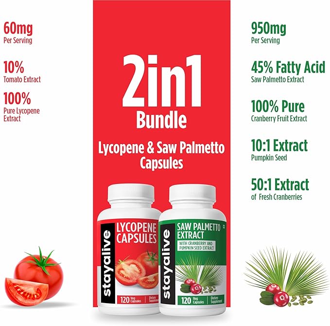 STAYALIVE Lycopene and Saw Palmetto Bundle with Cranberry and Pumpkin Seed Extract 240 Vegan Pills Non-GMO &amp Gluten Free Men's Health Supplement