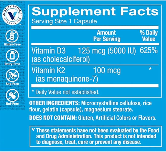 The Vitamin Shoppe Vitamin D3 K2 5000 IU - Bone Density &amp Heart Health | D3 + K2 MK-7 | 120 Capsules | Synergistic Formula