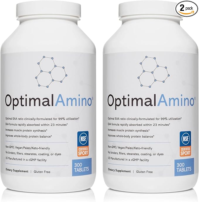OptimalAmino Tablets Fitness Bundle (600 Count) | 99% Utilized Essential Amino Acids (EAA) Supplement | Increase Muscle Recovery BCAA Protein Pre/Post Workout NSF Certified for Sport® Certified