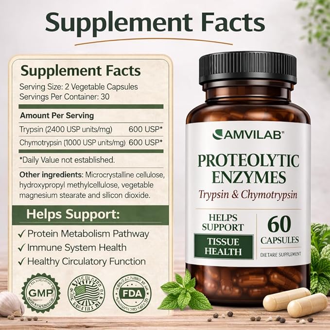 Proteolytic Enzymes | Trypsin &amp Chymotrypsin – Advanced Digestive Enzyme Supplement for Woman&ampMen - Digestive Enzymes for Protein Breakdown Immune &amp Circulatory Health - 60 Capsules