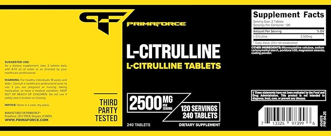 Primaforce L-Citrulline 2500mg 240 Tablets 120 Servings