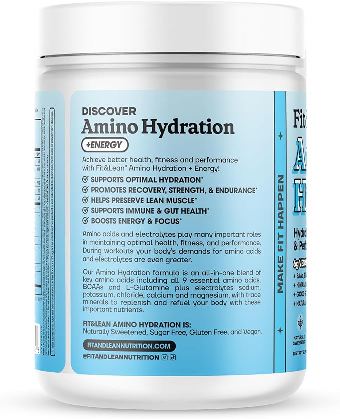 Fit&ampLean Amino Hydration Plus Energy Pre Workout Powder 6g Vegan Amino Acids Essential Amino Acids EAA BCAA Glutamine Electrolytes &amp Natural Caffeine Blue Raspberry 30 Serve