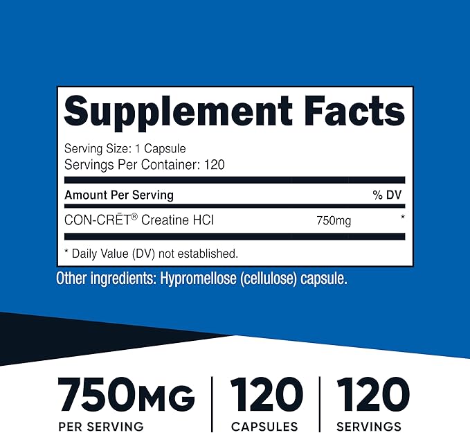 Nutricost Creatine HCl 120 Capsules - Made with CON-CRET Creatine 750 MG Per Capsule