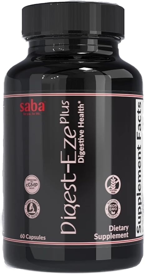 Saba Digestive-EZE Plus–Broad Spectrum Plant-Sourced Enzymes Prebiotics &amp Probiotics -Support Digestive &amp Gut Functions Immunity &amp Absorption with Betaine Bromelain -60 Capsules