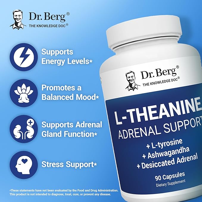 Dr. Berg L-Theanine 200mg - Includes Zinc Copper L-Tyrosine &amp Ashwagandha – L-Theanine Supplement Adrenal Support - for Relaxation Stress Relief and Mental Clarity* – 90 Gelatin Capsules