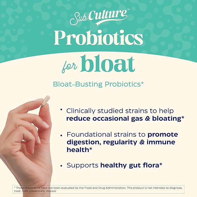 Enzymedica SubCulture Probiotic for Bloat &amp Digestive Health - Probiotic Supplement Capsules for Women &amp Men 50 Billion CFU Gut Health Support for Adults Helps Occasional Gas &amp Bloating