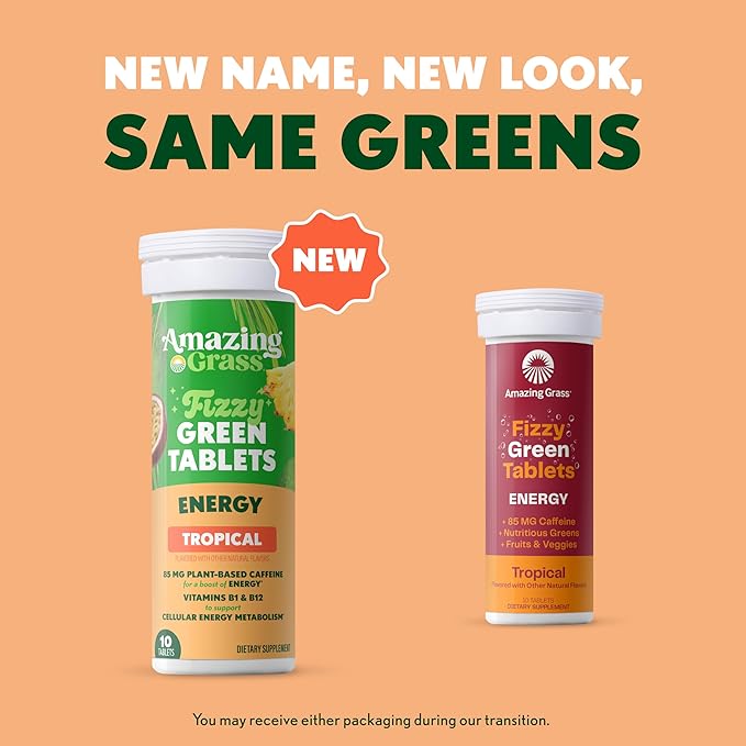 Amazing Grass Fizzy Green Tablets Energy Tropical: Greens + Green Tea Caffeine Water Flavoring Tablet with Antioxidants 60 Count