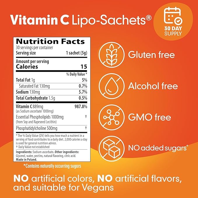 Lipo-Sachets Liposomal Vitamin C 1000mg Per Serving for Immune and Collagen Support - High Absorption - GMO Free No Added Sugar Vegan - 30 Liposomal Liquid Vitamin C Packets