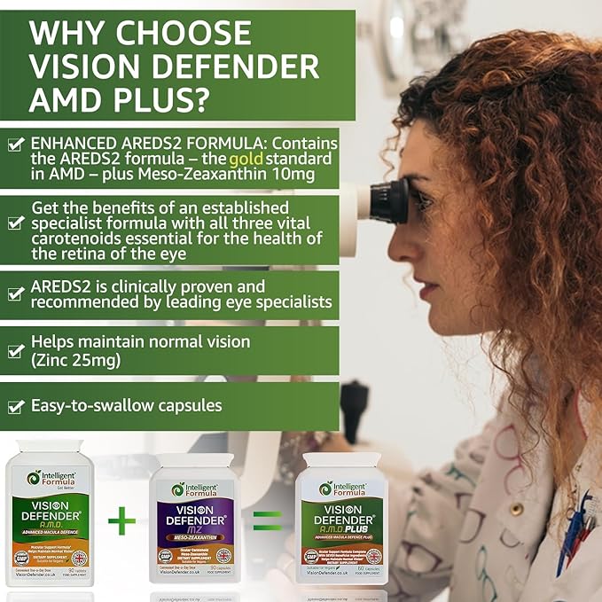 Vision Defender Plus Eye Supplement: AREDS2 Formula Vitamins Minerals (Lutein Zinc) Enhanced with Meso-Zeaxanthin for Complete Eyes/Eyesight Health Care &amp Support. 60 Easy-to-Swallow Vegan Capsu