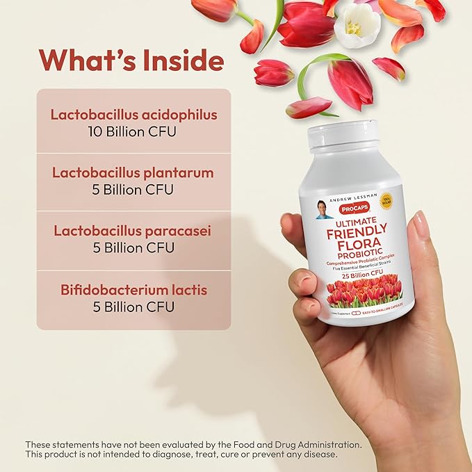 ANDREW LESSMAN Ultimate Friendly Flora Probiotic 240 Capsules - 25 Billion CFU Comprehensive Blend of Five Probiotic Strains Powerful Immune and Digestive Support. Probiotics for Women or Men