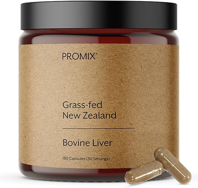 ProMix Nutrition Grass Fed Raw Beef Liver Supplement Multivitamin - Bioavailable Vitamin A B12 D3 Heme Iron - 180 Gelatin Capsules